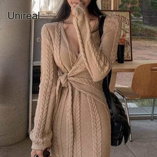Unireal 2021 Autumn Winter Women Knitted Dress Long Sleeve Belted Sexy Bodycon Long Sweater Dress