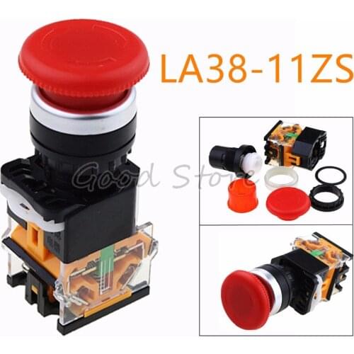 1PCS LA38-11ZS Self locking latching Button 22mm 1NO1NC Silver contact Maintained Emergency Stop Mushroom Cap Push Button Switch