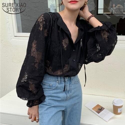 2021 Spring Women Shirts Fashion Tops Loose Blouse Cardigan Lantern Long Sleeve Autumn Black Lace Shirt Elegant Clothes 10202
