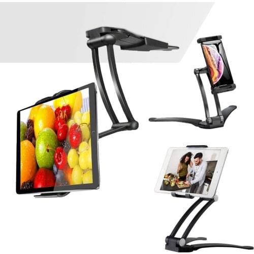 Aluminum Folding Tablet Stand with 360° Swivel Phone Clamp Mount Holder, Wall Mount/Under Cabinet/Desktop Holder Fits 5-12" Disp