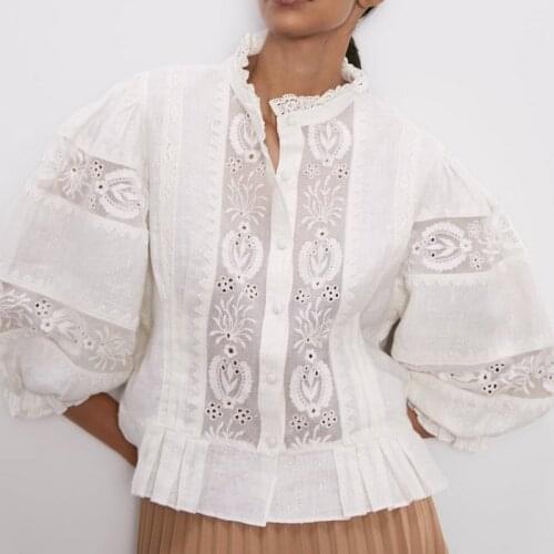 Stylish Women Blouse Embroidery Shirt Autumn 2019 New Fashion Hollow Out Lace Patchwork Striped Modern Lady Short Tops