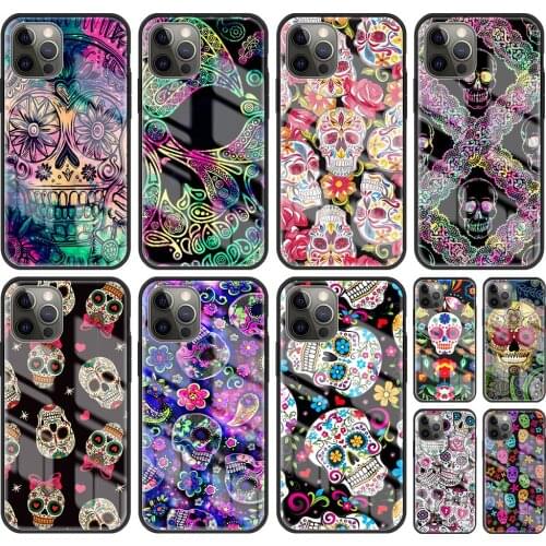 Tempered Glass Funda for iPhone 11 Pro Max 12 Mini 7 8 Plus XR X XS Phone Case SE 2020 6 6S Cover Capa Cool Flower Skull Art Sac