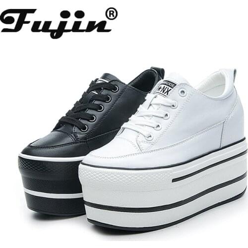 Fujin Super High Thick Heel Platform Flats Women Casual Shoes Genuine Leather Soft High Quality Casual Shoe Sneakers White Black
