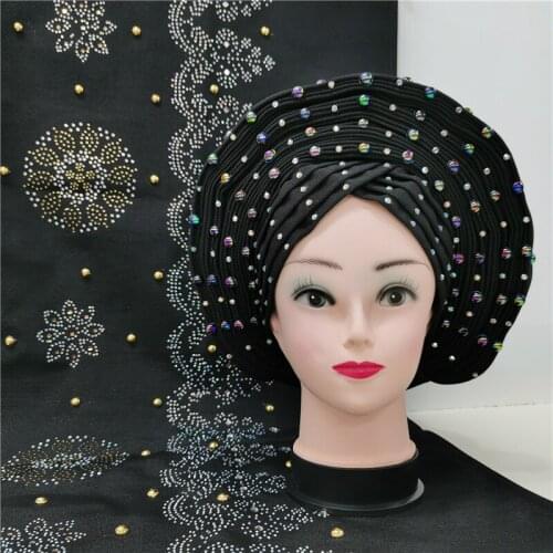 Head wrap african headtie nigerian gele headties with stones +shawl women scarf beaded lace sewing fabric for party