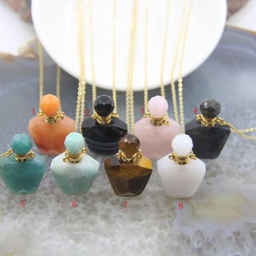 Faceted Labradorite Perfume Bottle Pendants Plated Gold Necklaces,Gems stone Jades Amazonite Essential Oil Diffuser Vial Charms