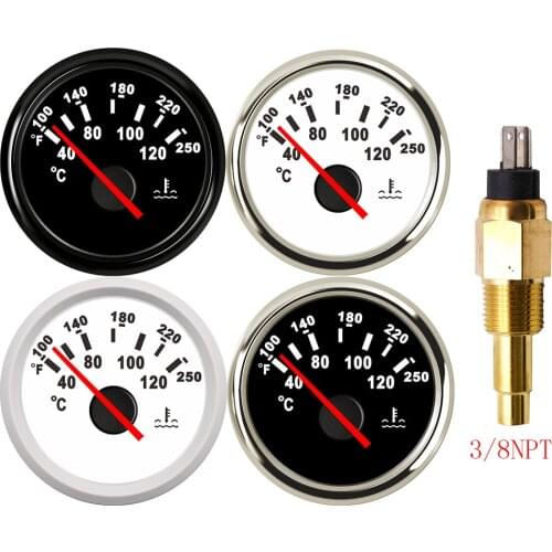52mm Pointer Water Temperature Gauges 40-120 Celsius with Water Temp Sensor 3/8 NPT Alarm 96 Celsius for Marine 52MM Gauge 9-32V