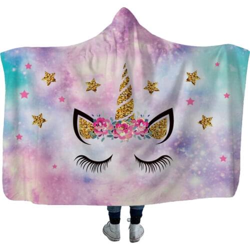 Creative Unicorn Printing Hooded Blanket Home Warm Fleece Cover Blanket for Adults Kids Travel Camping Cloak Blanket