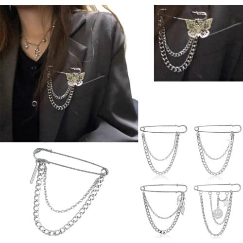 Minimalist Retro Punk Pins Pendant Metal Brooch For Women Men Suit Cloth Decoration Brooches Chest ChainTassel Pin Silver Color