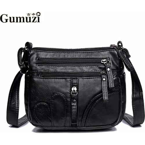 2019 Fashion Women Crossbody Bag Black Soft Washed Leather Female Shoulder Bag Patchwork Messenger Bag Small Flap Bag for Girls