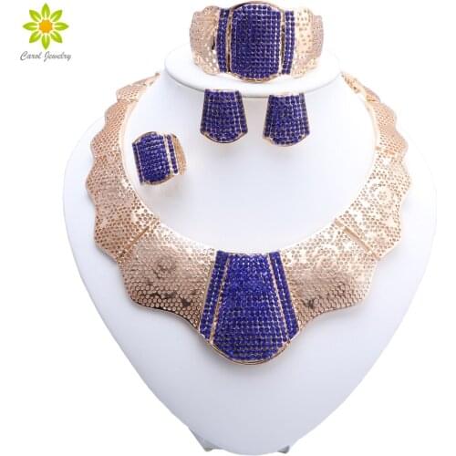 Fashion Dubai Gold Color Wedding Jewelry Sets Blue Crystal Choker Necklace Earrings Bracelet Ring Bridal Jewelry Set