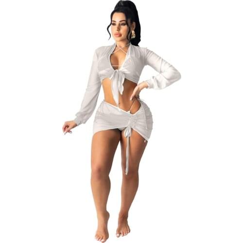 2021 Fashion New Womens Sexy 2 Piece Skirt Short Sets Beach Dress See Through Summer Mesh Women
