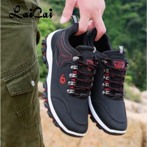 LaiCai New Men Leather Outdoor Hiking Sneakers Male Shoes Adult Non-Slip Casual Military Army Shoes Autumn Hard-wearing Footwear
