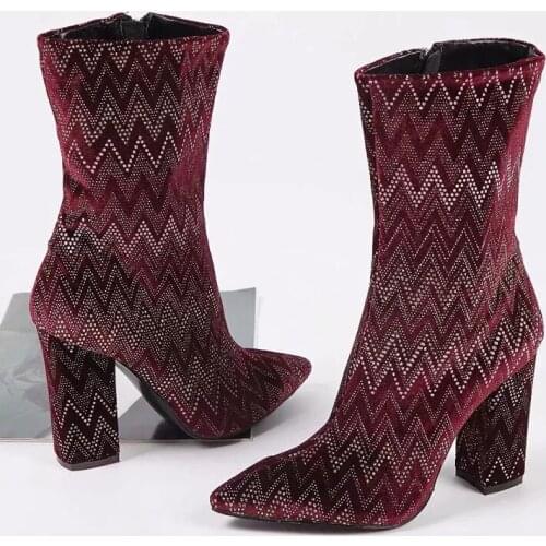 New Mixed Colors Wave Embroidery Ankle Boots Ladies Pointed toe Wine Red Flock Chunky Heels Slip On Martin Mujer Botas Zapatos