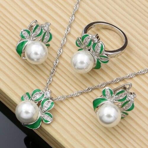 Freshwater Pearls Silver 925 Jewelry Sets Charm Green Enamel Leaves Earrings for Women Handmade Decoration Luxury Jewellry