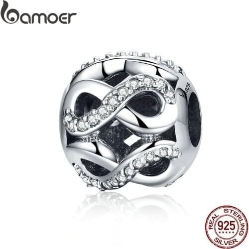 BAMOER Authentic 925 Sterling Silver Openwork Infinity Love ,Clear CZ Beads fit Bracelets & Bangles DIY Fine Jewelry SCC141