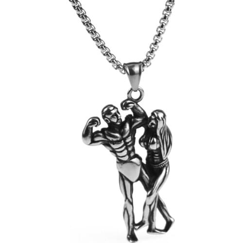 Muscular Man & girl Charm Vintage Pendant & Necklaces Stainless Steel Sports Fitness Sportsman Necklace for Men Gym Jewelry