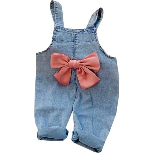 Casual Baby Girls Bow Tie Jeans Overall Pants Kids Spring Autumn Princess Trousers Children Full Length Pant Kids Denim Pants