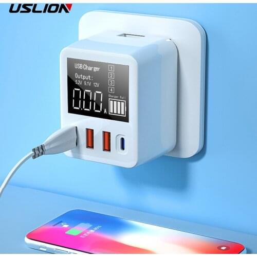 USLION 30W 4Port Quick Charge 3.0 USB Charger LED Display Universal Mobile Phone Adapter Type C Fast Charging For iPhone Xiaomi