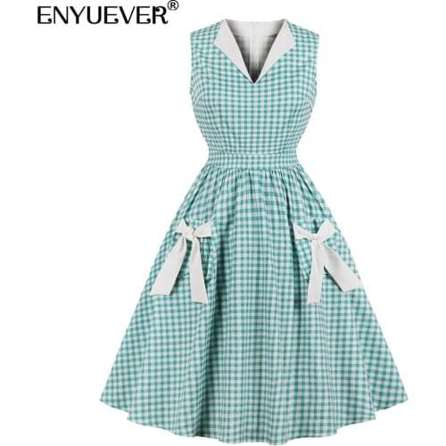 Enyuever Vintage Dresses 50s 60s Retro Summer Clothes Cotton Sleeveless Bowknow Robe Pin Up Swing Plaid Women Casual Dresses