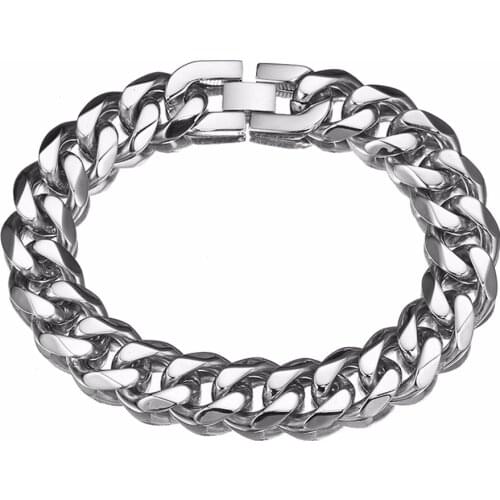 High Quality Mens Jewelry 316L Stainless Steel Silver color Curb Cuban Chain 15mm Width Wristband Bracelet 7-11 inch Bangles