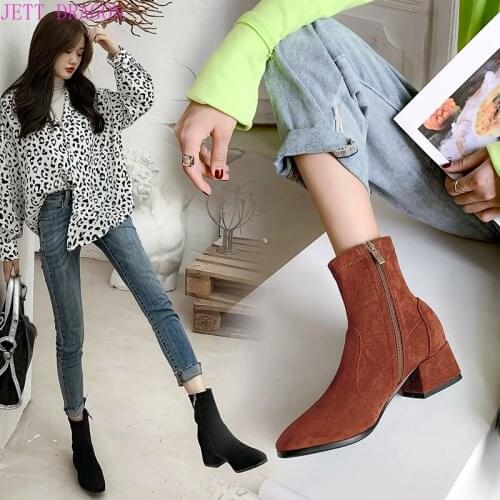 Suede Leather Ankle Boots for Women Black 2021 New Fashion Autumn Spring Short Boots Women Shoes Block Heels Boots Ladies Shoes
