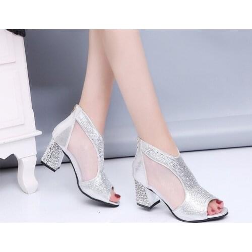 2020Spring Women Leather casual Sandal High Thick Heel Sexy Crystal Platform Zipper Peep Toe Slip On Lady Shoes Zapatos Mujer