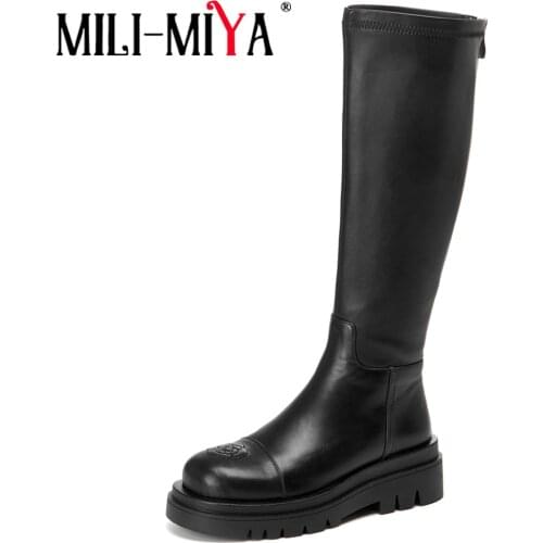 MILI-MIYA Good Quality Leather Knee High Boots Women Autumn Thick Bottom Platform Zipper Round Toe Sewing Handmade Party Shoes