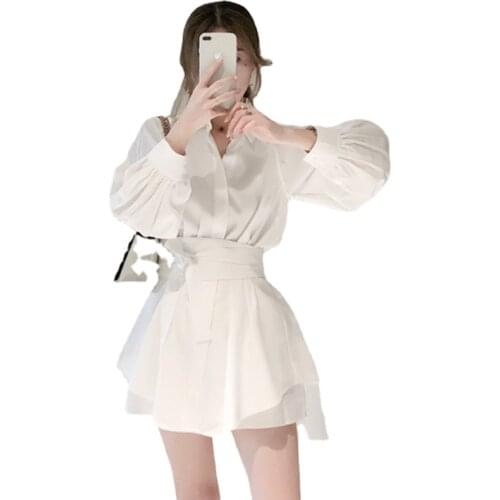 New Fashion Black White Women 2 Piece Sets Long Sleeve Belt Slim Long Shirt Blouse+High Waist Wide Leg Shorts 2pc Suits Outfits