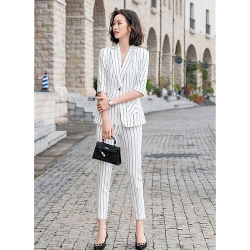 White Striped Slim Blazer Summer Set For Women Korean Fashion Black Oversize Jacket Business Suit Office Clothes Two Piece Lady