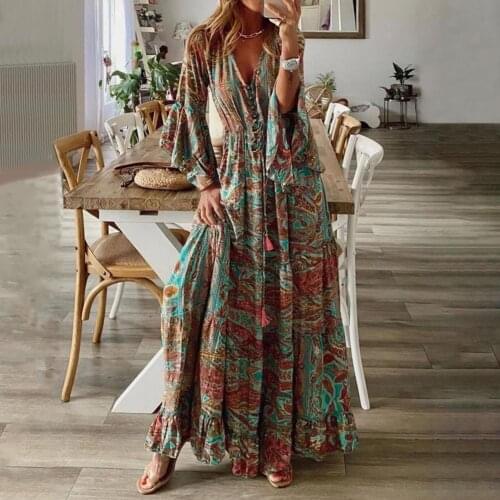 2021 Boho Dress Long Dress Women Casual Dress V-Neck Floral Print Three Quarter Sleeve Ladies Party Elegant Sundress Robe Femme