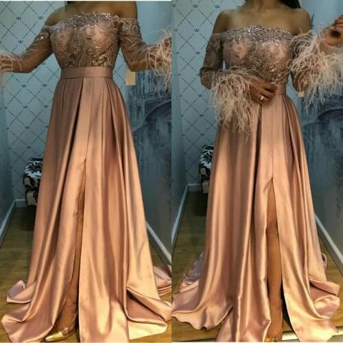2021 Evening Dresses Off Shoulder Long Sleeve Appliques Feather A Line Prom Gowns Custom Made Sweep Train Special Occasion Dress