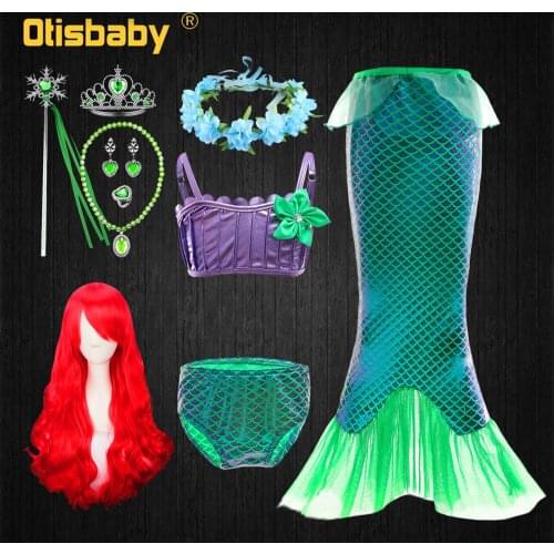3PCS Halloween Party Little Mermaid Costume Ariel Dress Girls Princess Swimsuit Summer Baby Bikini Red Curly Wig for Children