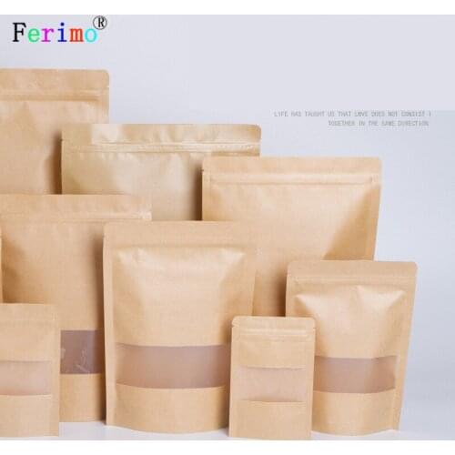 50pcs Sanding fenestrate cowhide paper bag 20*30cm thickening self-contained self standing bag dried fruit bag gift bag