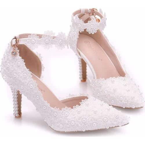 8cm large size sandals thin heel pointed sandals white lace wedding shoes womens foreign trade high heels side