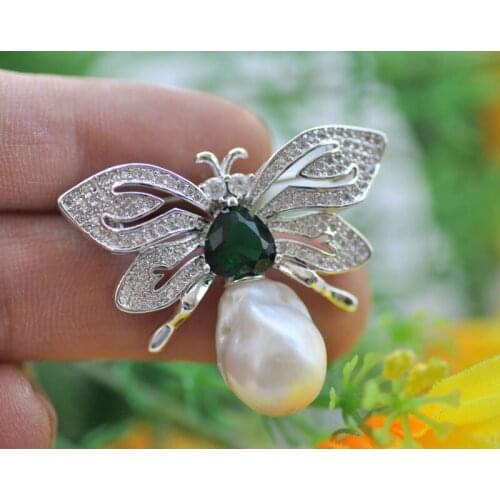 P7081 White Baroque Keshi Pearl Beryl-Butterfly CZ Brooch