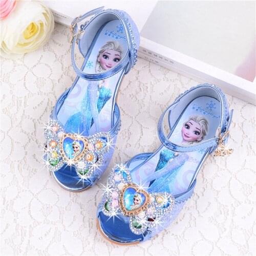 Disney girl princess shoes soft bottom crystal shoes girl flat bottom elsa sandals little girl bowknot frozen shoes
