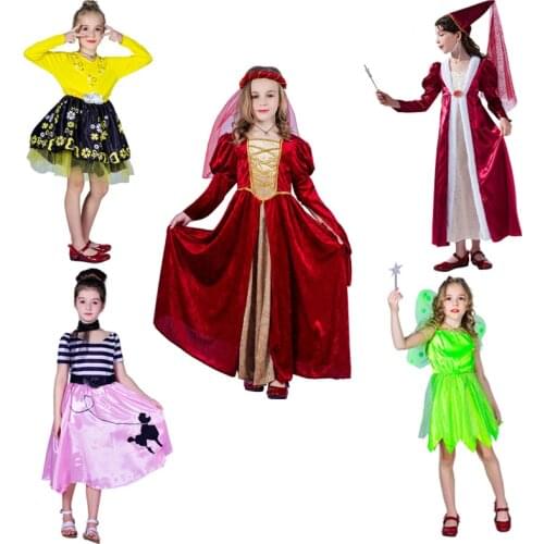 DSPLAY Girls Green Fairy Dress Cosplay Kids Medieval Renaissance Princess Costumes Role Playing Kids Halloween Costume
