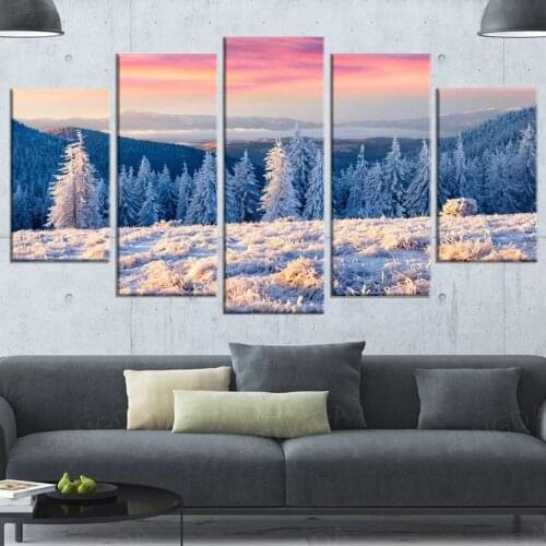 HD Printed Forest Landscape Canvas Painting Wall Art 5 Panel Modular Snowfield Poster Framework Home Decor For Bedroom Pictures