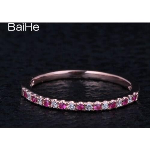 BAIHE Solid 14K Rose Gold 0.2CT H/SI Round Natural Diamonds Rubies Engagement Women Trendy Fine Jewelry Ruby Ring