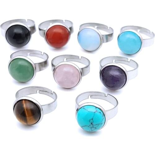 Wholesale 12mm Cabochon Stainless steel Stone Ring Tiger Eye Opal Pink Crystal Adjustable Ring for Women Girl Jewelry