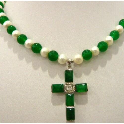 Ping white pearl & green natural JADE cross pendant necklace