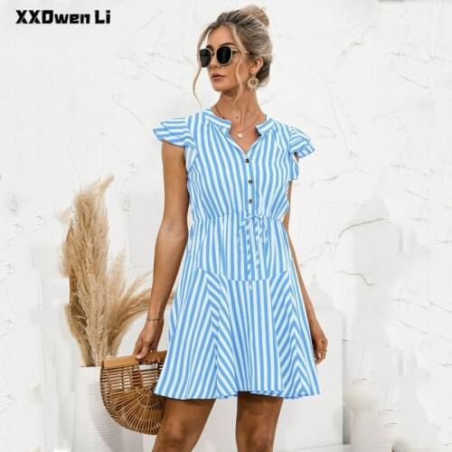 Summer Striped Buttons Shirt Dress Women Casual Flying sleeve Lace up Mini Dresses Office Lady Party Beach Vacation Sundress