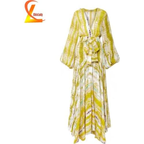 CHICLADY RUNWAY designer style striped single breasted maxi dress long lantern sleeve v-neck button party loose dress with belt