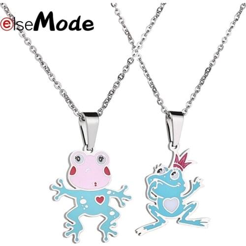 ELSEMOOD Cartoon Stainless Steel Frog Animal Necklace Cute Frog Enamel Pendant Neckalce For Lovers Valentines Day Jewelry Gift