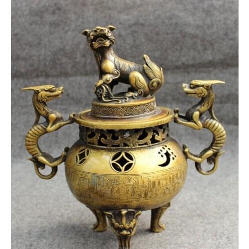 Song voge gem S2652 10" Tibet Bronze Buddhist Fu Dog Lion PiXiu Statue Unicorn Incense Burner Censer