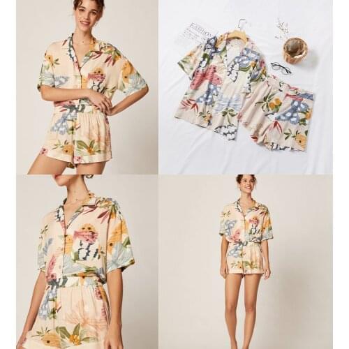 Japanese Style New Big Flower Female Summer Pajamas Suit Viscose Slim Thin Short Sleeve Shorts Suit Sleepwear Pajama Set Women