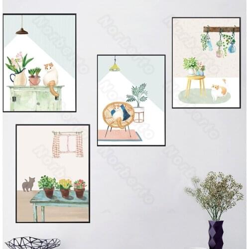 Canvas Painting Poster Minimalist Plain Pictures Fat Cats Potted Plants Fluorescent Lamp for Home Rooms Kitchens Wall Decoration