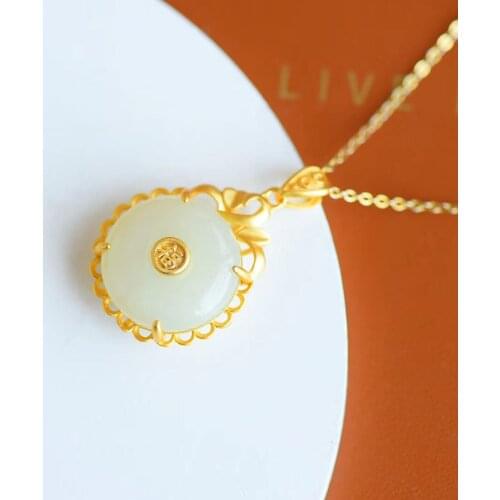 S925 Sterling Silver Safe Lucky Pendant Womens Natural Hetian Jade White Jade Safety Buckle Pendant Auspicious Ornament