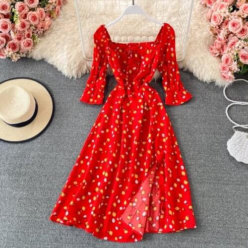 Teeuiear Boho square collar floral print midi Dress summer sexy split chiffon dress Women casual beach holiday knee length dress