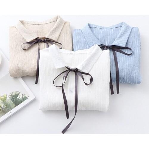 Summer New Women Shirt Wear Girl Short Sleeve Turn Down Stripe Blouse Top Korean Loose Bowknot Student Preppy Style Shirts H9156